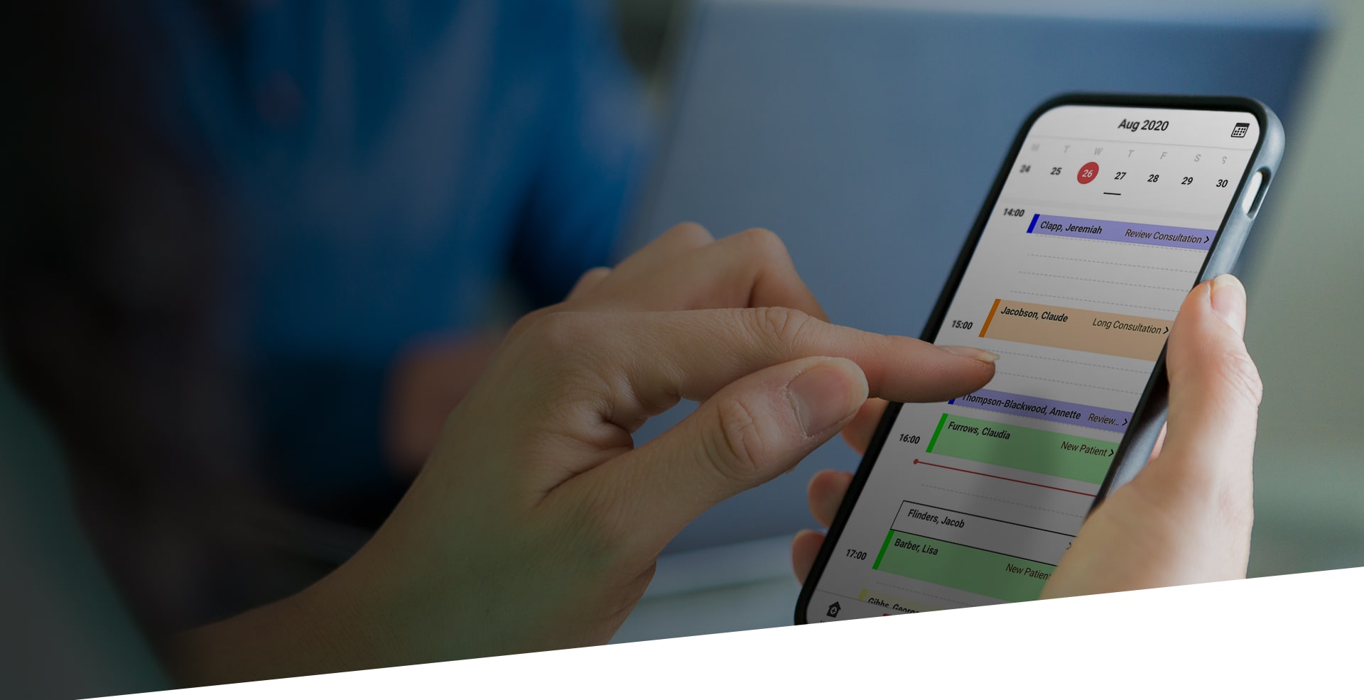 Lady using the Doctor's App on her phone in a surgery