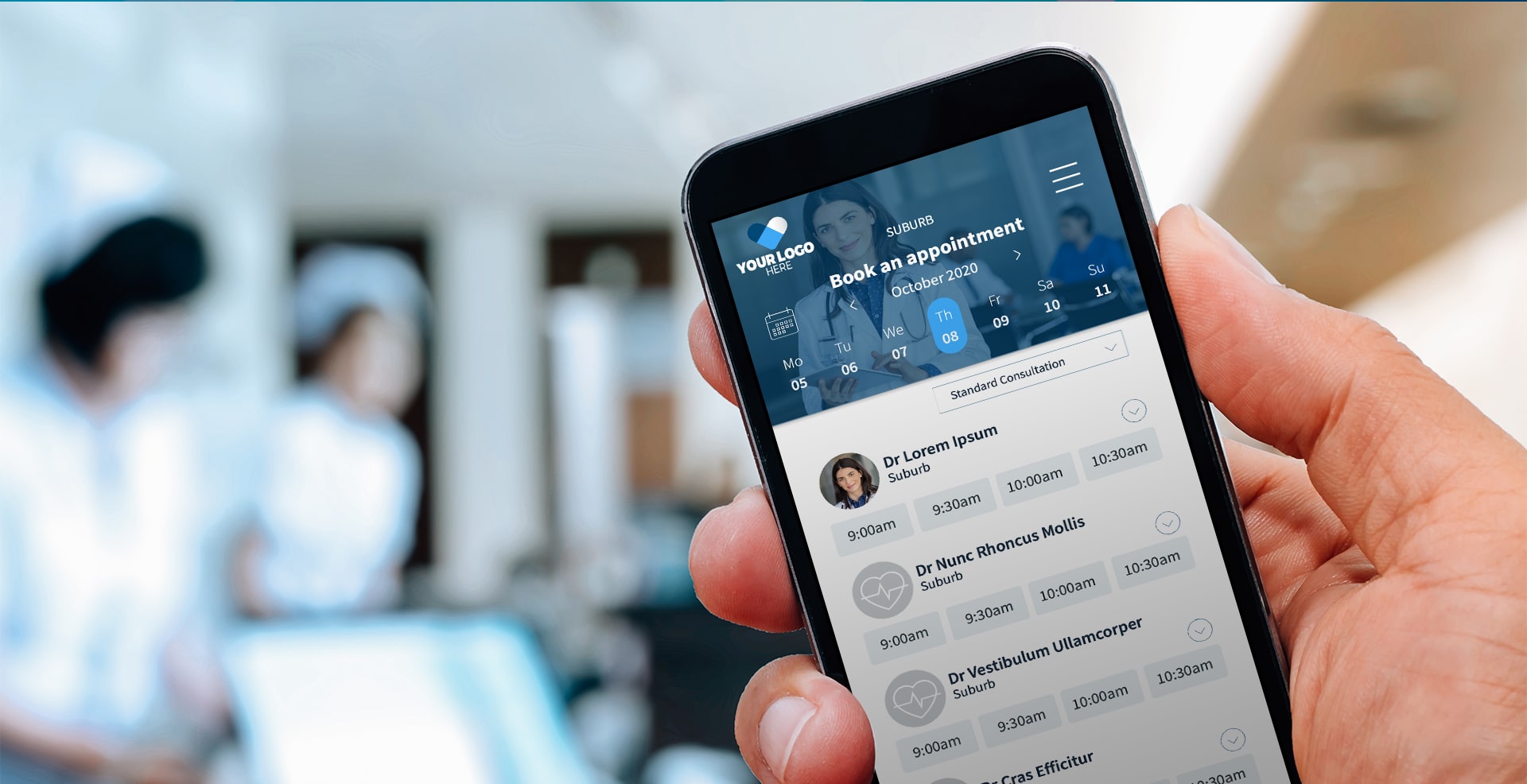 Online Appointment application user interface displayed on phone with doctors in background